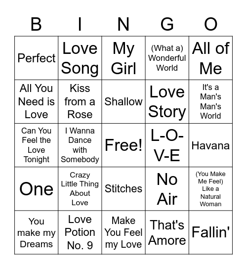 Love Song Bingo Card