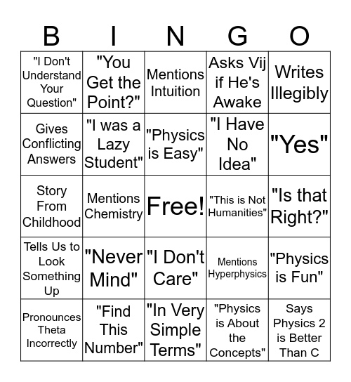 Physics 2 Bingo Card