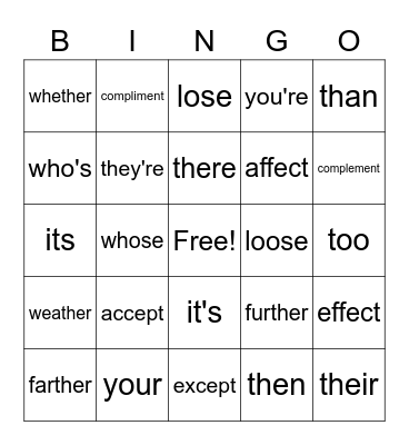 Misused & Misspelled Words Bingo Card