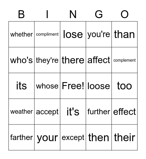 Misused & Misspelled Words Bingo Card