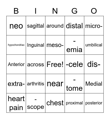 Med Term Test #1 Review Bingo Card