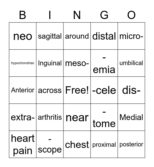 Med Term Test #1 Review Bingo Card