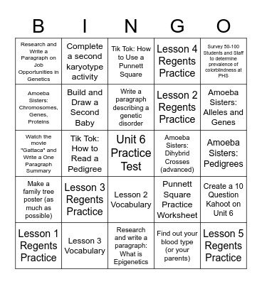 Unit 6 BINGO Assignments Bingo Card
