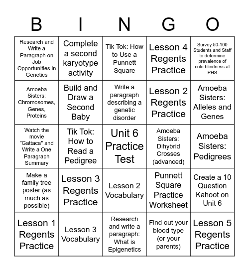 Unit 6 BINGO Assignments Bingo Card