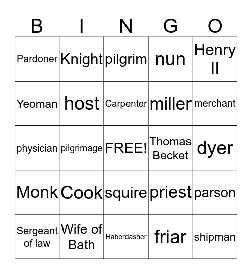 Canterbury Tales Bingo Card