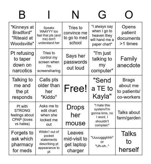 Patty Pratt Bingo Card