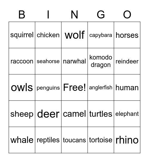 Animals Bingo Card