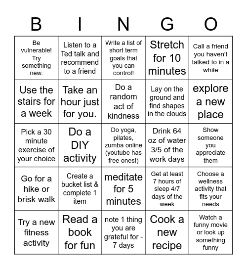 Staff Wellness Bingo Card