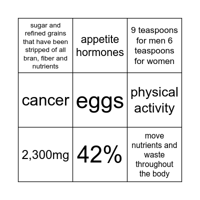 Nutrition Bingo Card