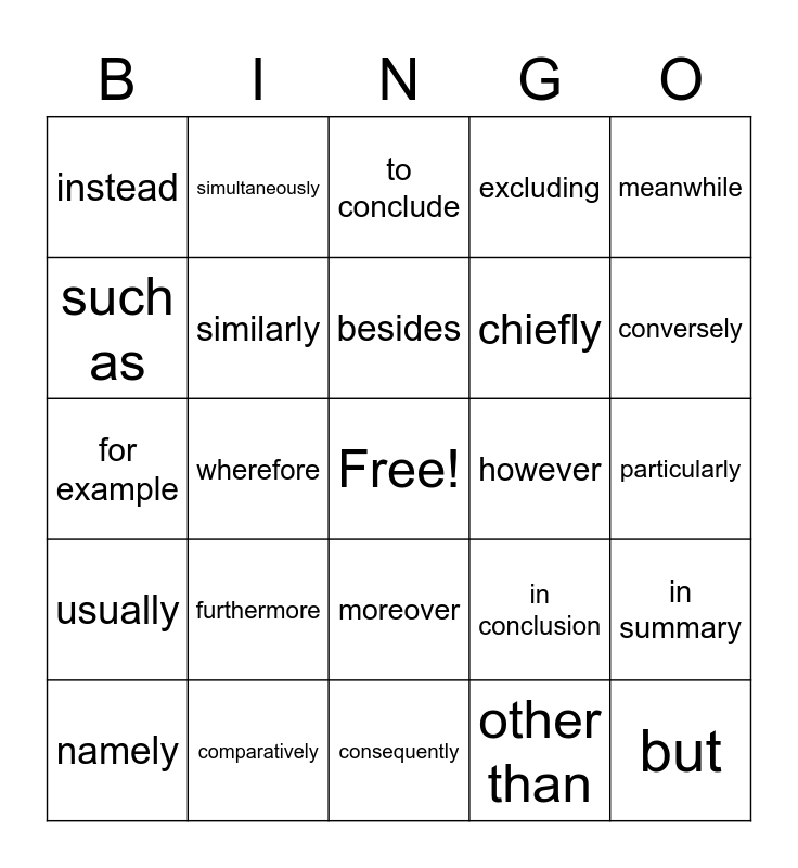 Transition Words Bingo Card