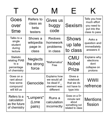 Lab IV Bingo Card