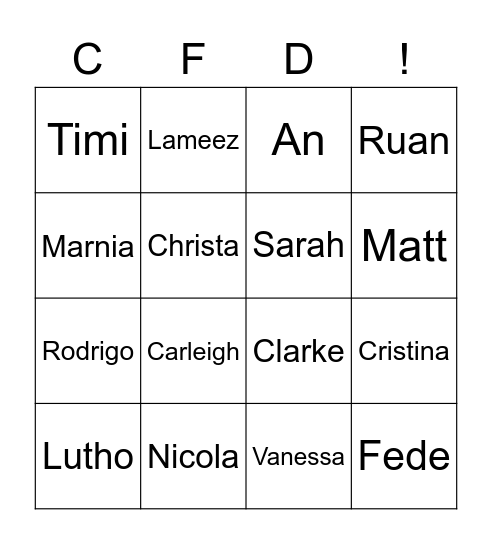 CFD Colleague Bingo! Bingo Card