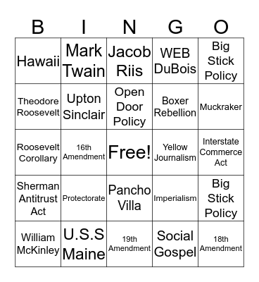 American Imperialism/Progressive Era Bingo Card