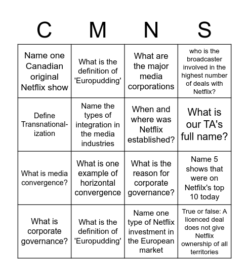 Week 7 Bingo Card