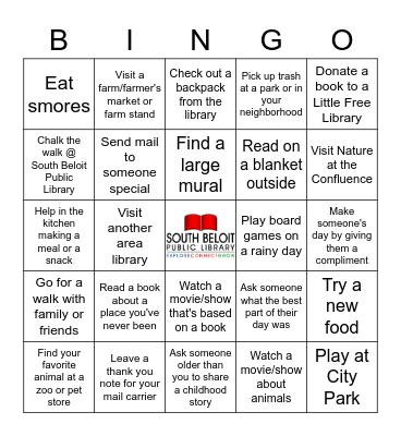 South Beloit Public Library Summer Bingo 2023 Bingo Card