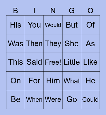Sight Words Bingo Card