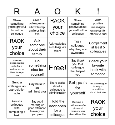 Random Acts of Kindness Bingo Card