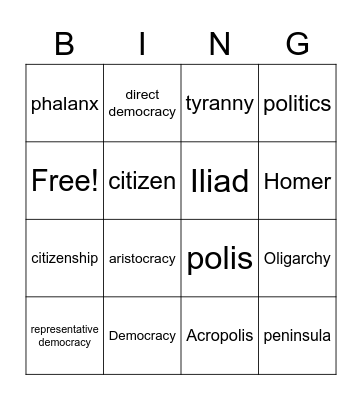 Ancient Greece vocab #1 and 2. Bingo Card