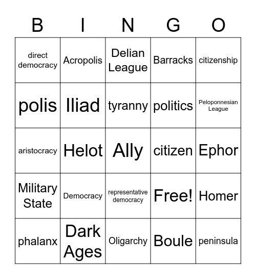 Ancient Greece vocab #1 and 2. Bingo Card