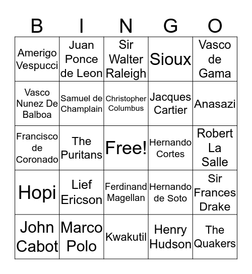 explorers Bingo Card