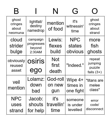 Lightfall Campaign Bingo Card