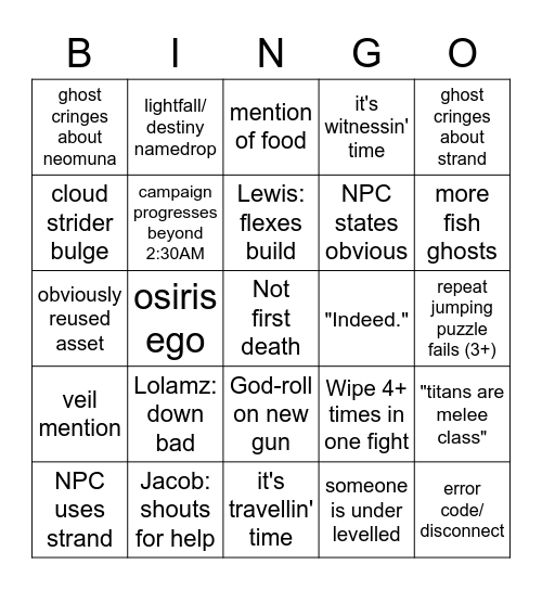 Lightfall Campaign Bingo Card