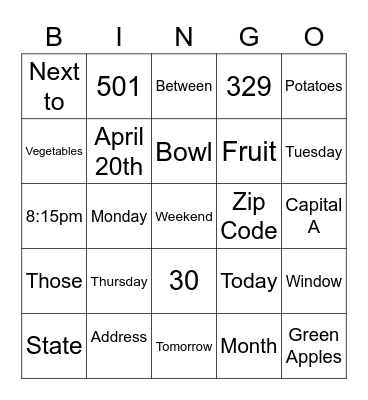 ESL Bingo Card