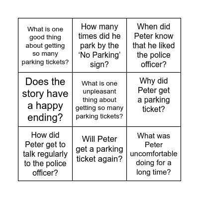 The Parking Ticket Bingo Card