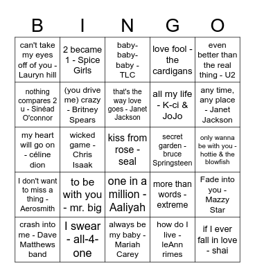 90's Love Songs Bingo Card