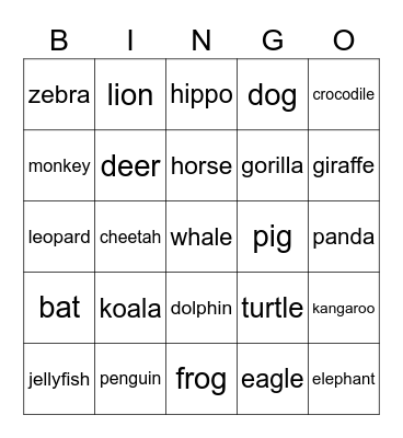 animal menagerie - A Bingo Card
