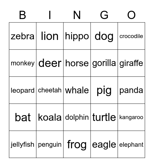 animal menagerie - A Bingo Card