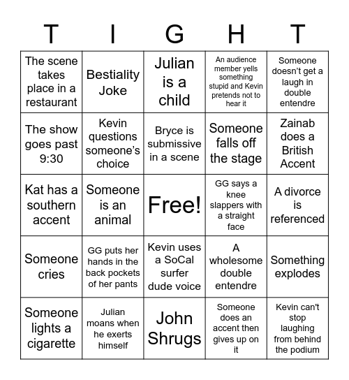 SkinTight Bingo Card