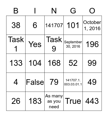 Charge Code Bingo Card