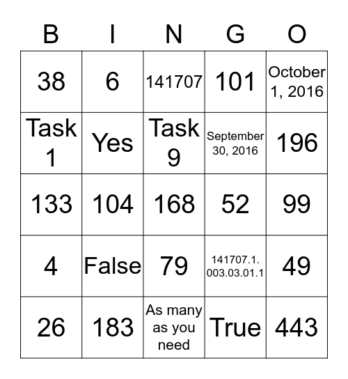 Charge Code Bingo Card