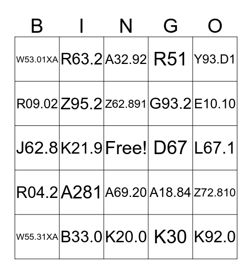 ICD-10 BINGO Card