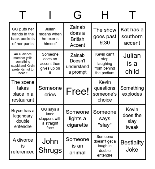 SkinTight Bingo Card