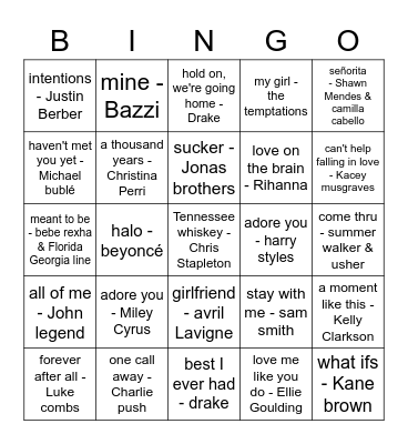 00's Love Songs Bingo Card
