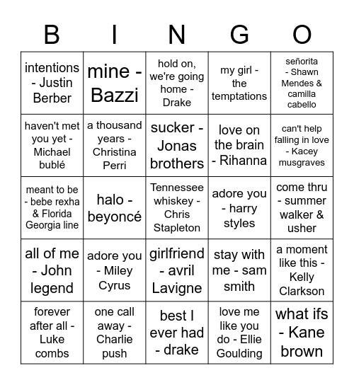 00's Love Songs Bingo Card