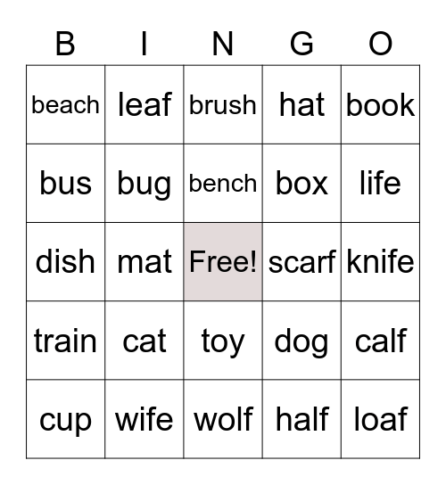 Singular Noun Bingo Card