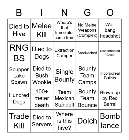 Hunt: Showdown Bingo Card