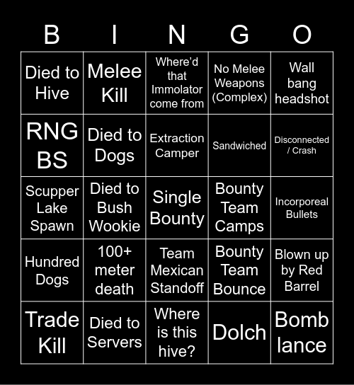 Hunt: Showdown Bingo Card