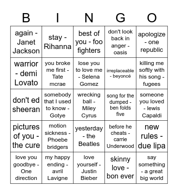 Breakup Songs Bingo Card