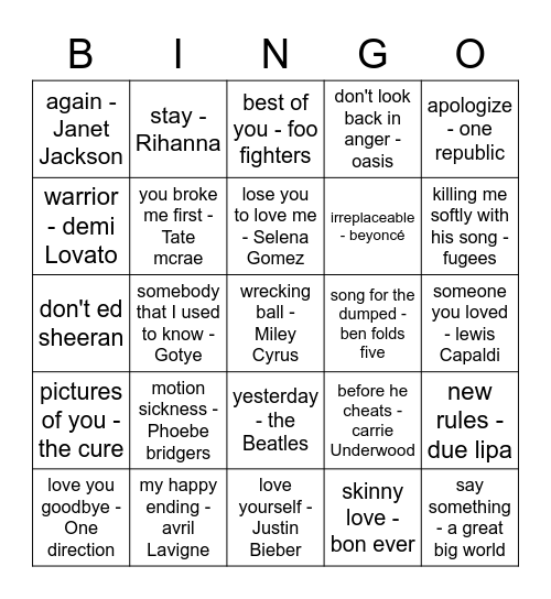 Breakup Songs Bingo Card