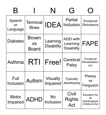 Disabilities, Laws/Cases, and Inclusion Styles Bingo Card