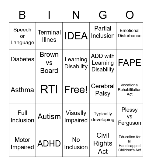 Disabilities, Laws/Cases, and Inclusion Styles Bingo Card