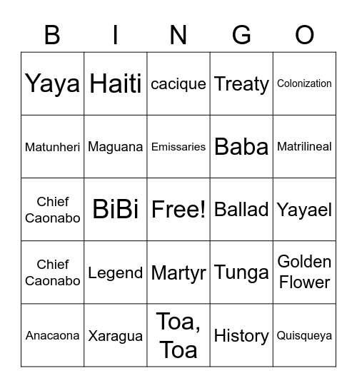 Anacaona Bingo Card