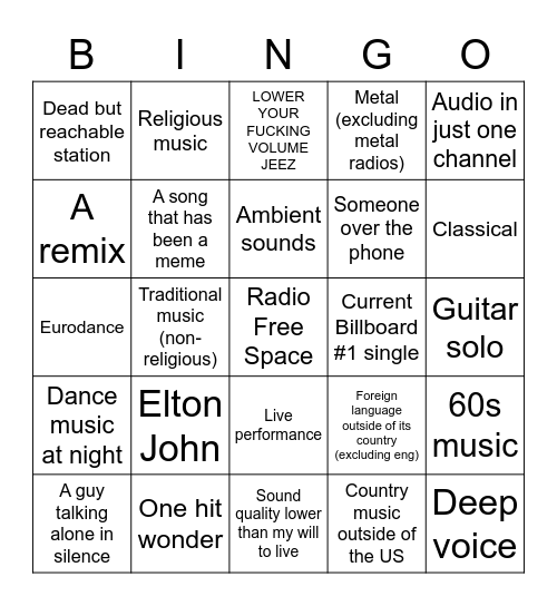 Radio Bingo Card