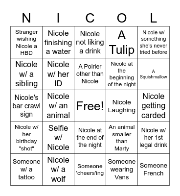 Nicole's Twenty-FUN! Bingo Card