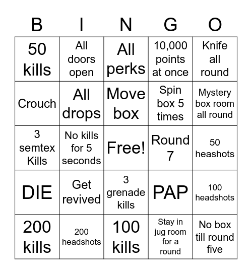 BO2 Zombies Bingo Card