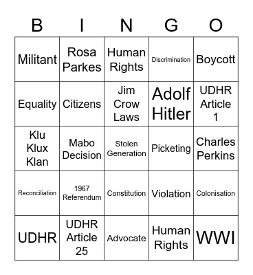 Year 10 Rights and Freedoms Bingo Card